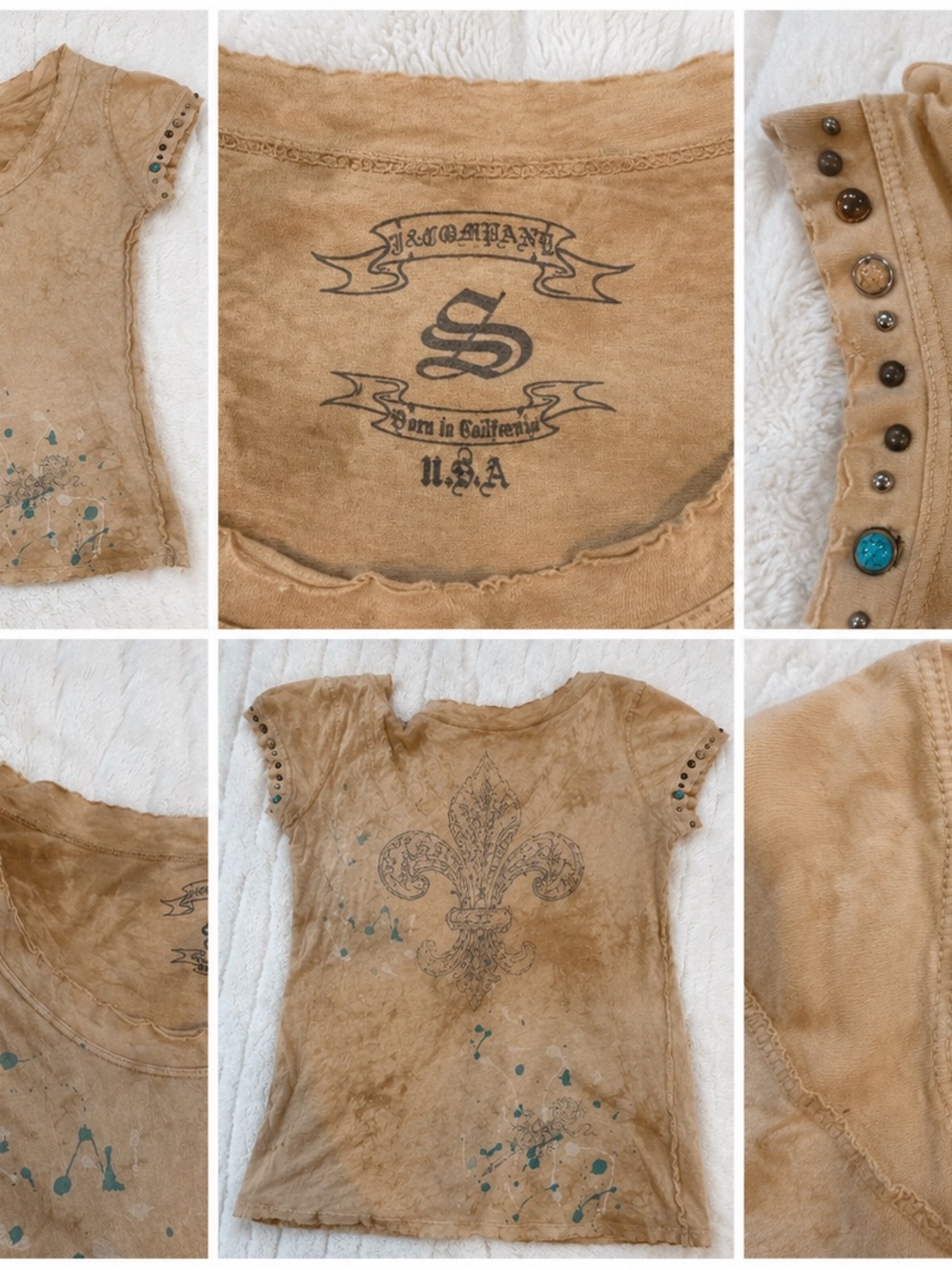 J & Company Y2K Boho Studded Tee Distressed Fleur De Lis Festival Top